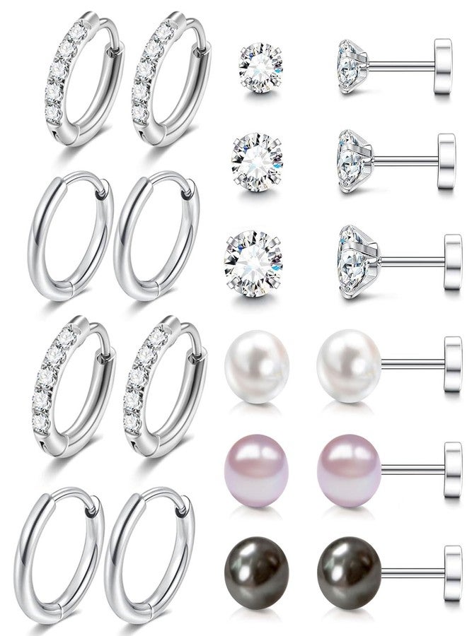 AMASIS Hypoallergenic Surgical Steel Earrings Sets for Sensitive Ears Lightweight Small Huggie Hoop Earrings 20G Stainless Steel Opal Ball Pearl CZ Flat Back Earrings for Women Men Trendy Cartilage Earrings - Image 1