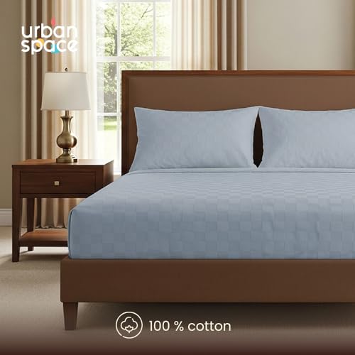 Urban Space 100% Cotton 300TC Jacquard bedsheets for King Size Bed, Pure Cotton Bedsheet King Bed, Checks bedsheet King Size with 2 Pillow Covers (108 x 108 Inches, Greyish Blue Cubes) - Image 3