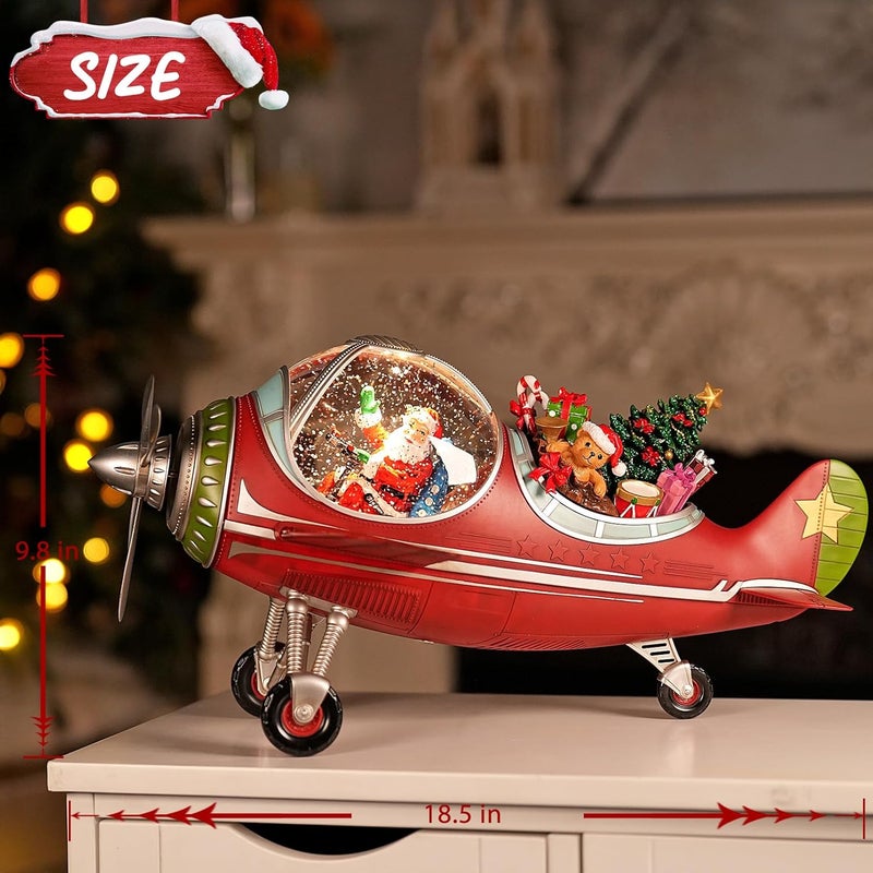EDDORUNNING كرة ثلج عيد الميلاد بطائرة كبيرة مع سانتا كلوز والهدايا - كرة ثلج موسيقية مضاءة مع لمعان دوار، تعمل بالطاقة USB، ديكور العطلات (طائرة سانتا كلوز) - Image 3