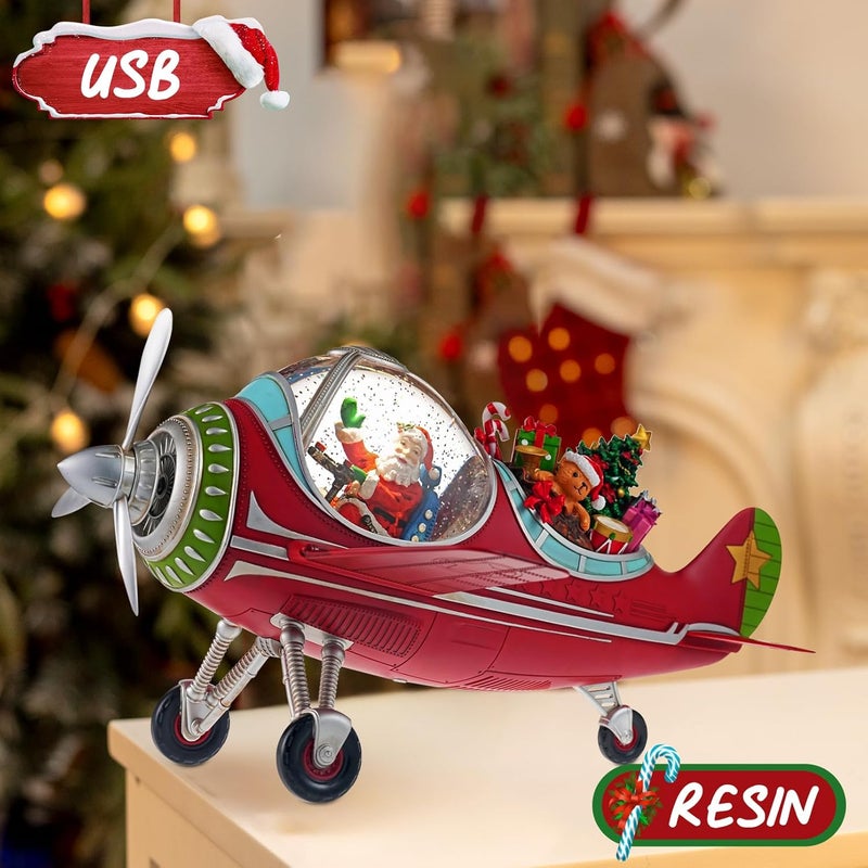 EDDORUNNING كرة ثلج عيد الميلاد بطائرة كبيرة مع سانتا كلوز والهدايا - كرة ثلج موسيقية مضاءة مع لمعان دوار، تعمل بالطاقة USB، ديكور العطلات (طائرة سانتا كلوز) - Image 5
