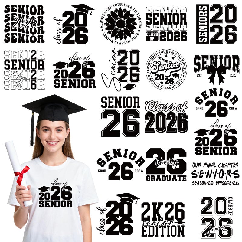 Dazoratix Senior Iron on Transfers - 20 Sheets Graduation Class of 2026 DTF Ready to Press Heat Patches Graduate Student Stickers Vinyl Decals for T Shirts Clothing Hat Bag DIY Crafts Decoration Gifts - Image 1