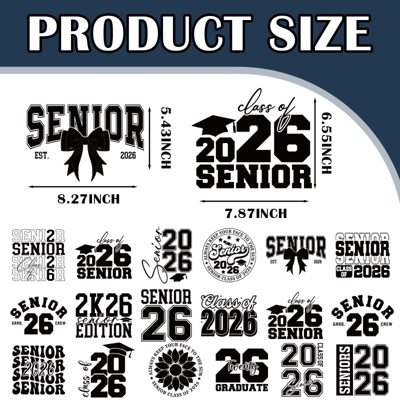 Dazoratix Senior Iron on Transfers - 20 Sheets Graduation Class of 2026 DTF Ready to Press Heat Patches Graduate Student Stickers Vinyl Decals for T Shirts Clothing Hat Bag DIY Crafts Decoration Gifts - Image 2