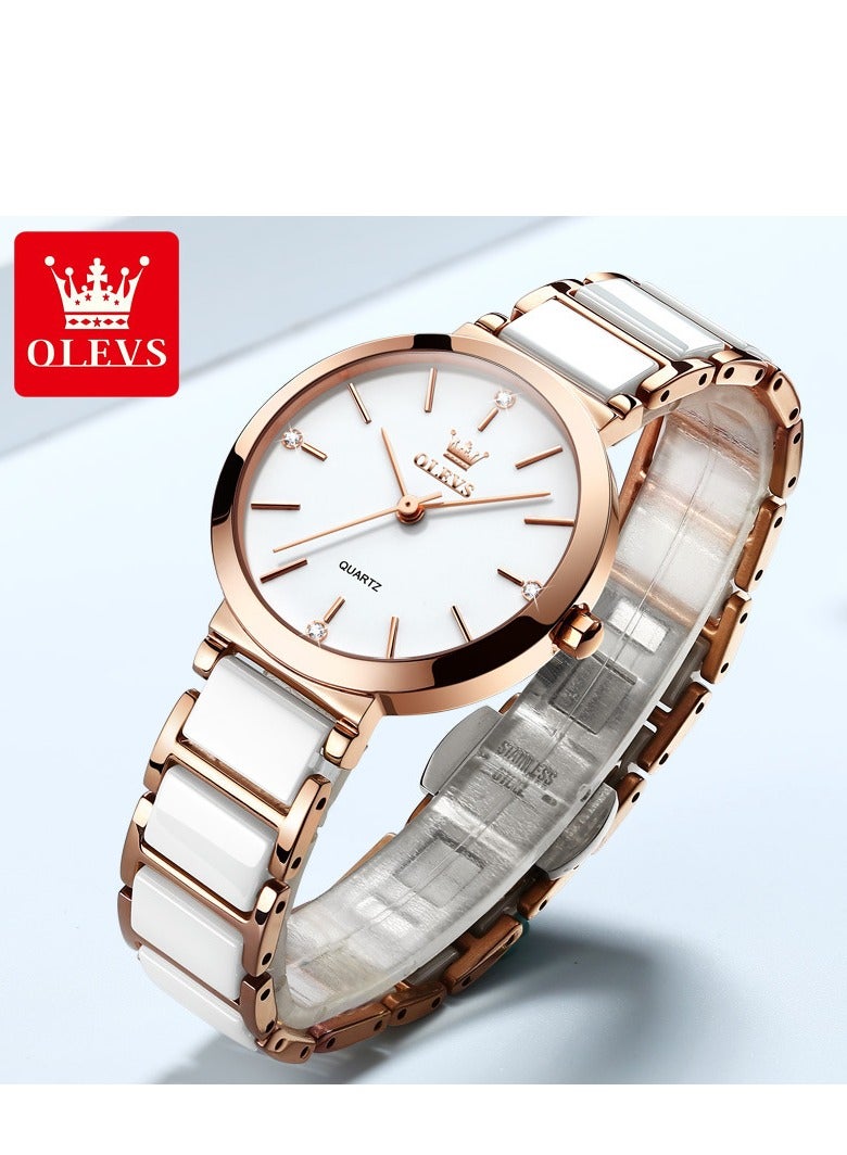 أوليفز ساعة  النسائية الأنيقة الفاخرة مع سوار سيراميك أنيق من الألماس مقاومة للماء للنساء - Image 1