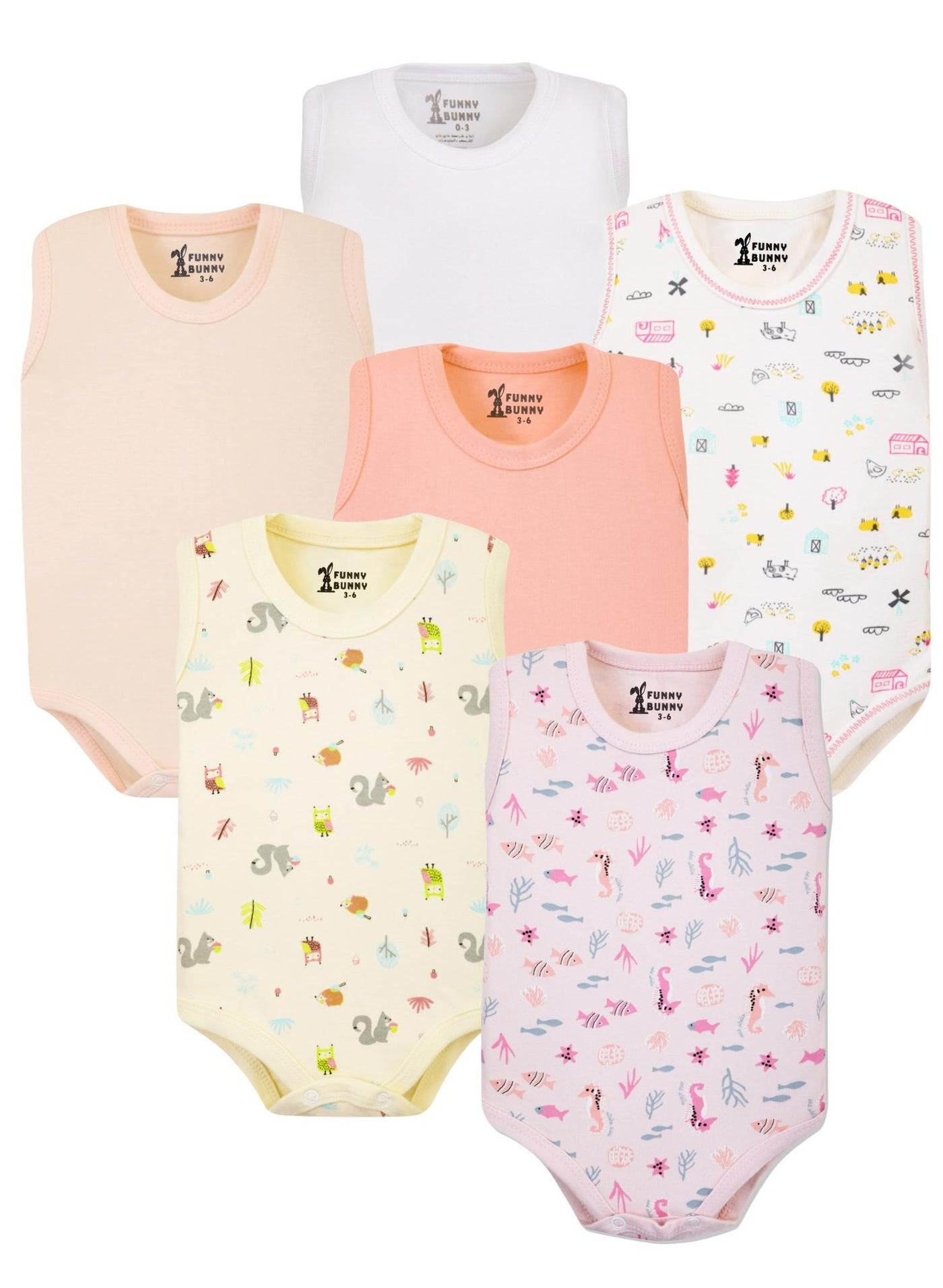 Funny Bunny Pack of 6 Cotton Wide Cut Bodysuit for Baby