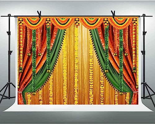 Lofaris India Pooja Photography Backdrop Puja Ganpati Pooja Traditional Mehndi Festival Background Decorations Wedding Party Marigold Garlands Photo Props 10x7ft - Image 1