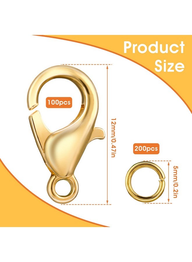 جريفوسيا 300 قطعة مشابك مخلب جراد البحر مع حلقات القفز المفتوحة 12 مم مشابك جراد البحر المعدنية لصناعة المجوهرات سوار حرفي صناعة يدوية (مشبك ذهبي: 12 × 7 مم + حلقة: 5 مم) - Image 2