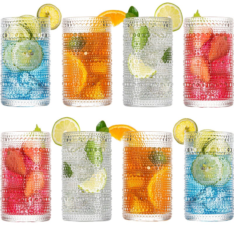 wookgreat wookgreat Drinking Glasses 8 pcs Embossed Designed Glass Cups 15oz Highball Glasses Tall Water Glass Tumbler Mojito Cups Cocktail Glass Vintage Glassware Set for Water Juice Cocktail Whiskey