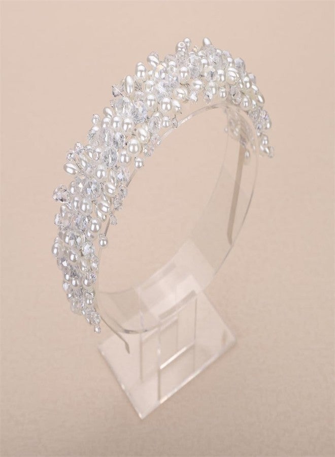 Aimimier Aimimer Bridal Crystal Faux Pearl Headband Handmade Tiara Crown for Women - Image 4