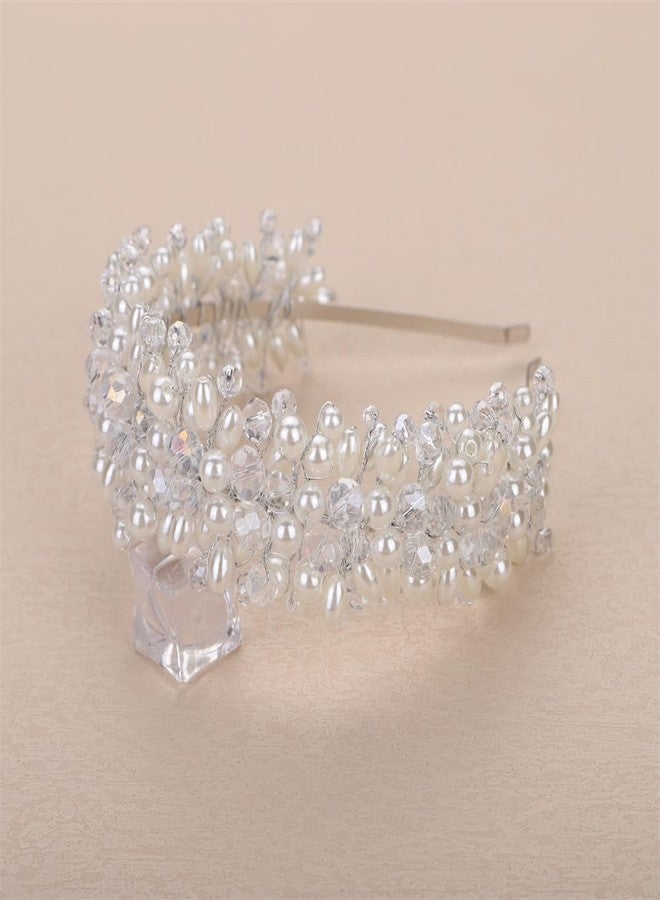 Aimimier Aimimer Bridal Crystal Faux Pearl Headband Handmade Tiara Crown for Women - Image 5
