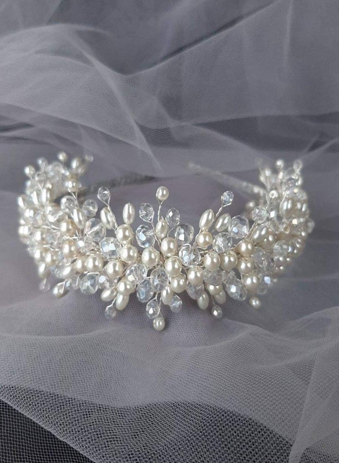 Aimimier Aimimer Bridal Crystal Faux Pearl Headband Handmade Tiara Crown for Women - Image 3