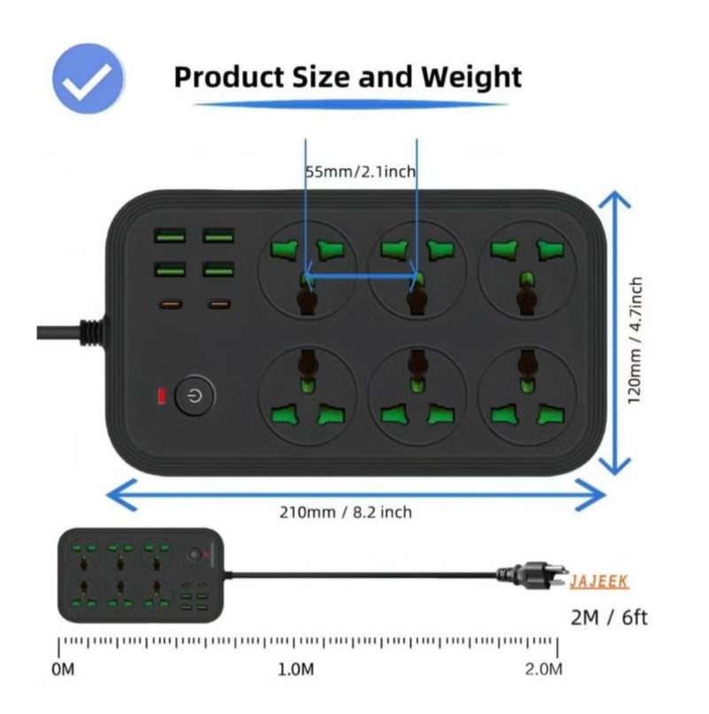 توصيلة كهربائية 12 في 1 مع منافذ USB-C، سلك تمديد عالمي بـ 6 منافذ AC واسعة و4 منافذ USB، قوة 3000 واط، 110-240 فولت، مقبس حائط عالمي للسفر، للمنزل والمكتب - Image 5