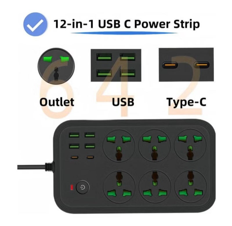 توصيلة كهربائية 12 في 1 مع منافذ USB-C، سلك تمديد عالمي بـ 6 منافذ AC واسعة و4 منافذ USB، قوة 3000 واط، 110-240 فولت، مقبس حائط عالمي للسفر، للمنزل والمكتب - Image 4