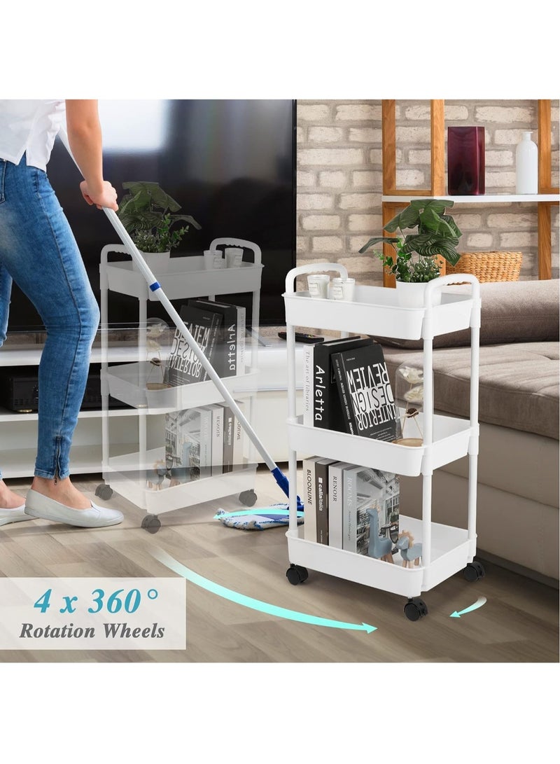 VUCATIN 3-Tier Rolling Utility Cart with Wheels Detachable Utility Storage Cart Rack with Handle and Lockable Casters Multi-Functional Storage Trolley for Office Kitchen Bathroom (White 3-Tier) - Image 2