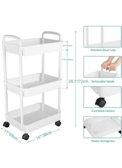 VUCATIN 3-Tier Rolling Utility Cart with Wheels Detachable Utility Storage Cart Rack with Handle and Lockable Casters Multi-Functional Storage Trolley for Office Kitchen Bathroom (White 3-Tier)  - Image 4