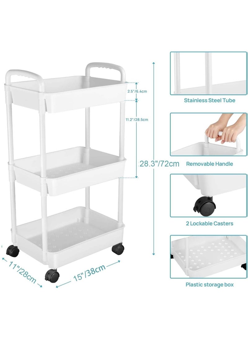 VUCATIN 3-Tier Rolling Utility Cart with Wheels Detachable Utility Storage Cart Rack with Handle and Lockable Casters Multi-Functional Storage Trolley for Office Kitchen Bathroom (White 3-Tier) - Image 4