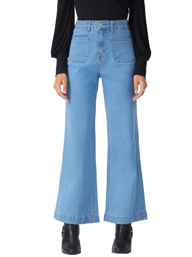 CIDER Womens Wide Leg Jeans Cropped Length High Waisted Stretchy Denim Flared Pants with Pockets - Image 3