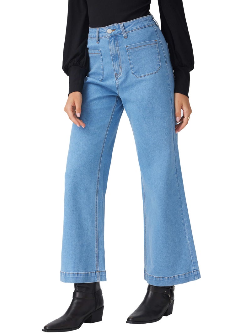 CIDER Womens Wide Leg Jeans Cropped Length High Waisted Stretchy Denim Flared Pants with Pockets - Image 2