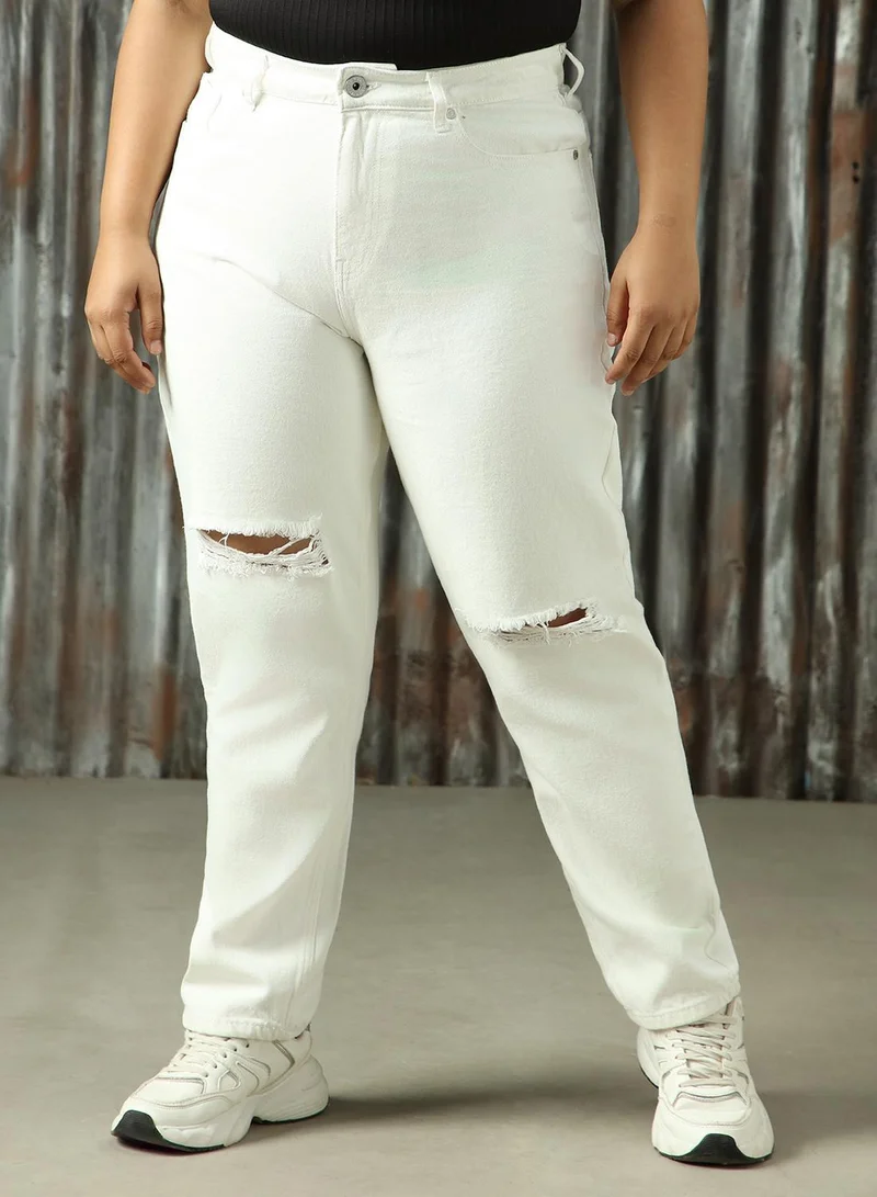 HIGH STAR Women's Off White 100% Cotton Distressed Plus Size Jeans