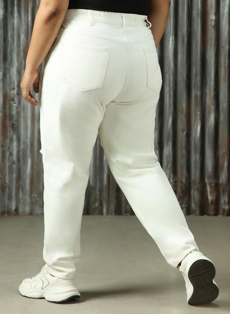 HIGH STAR Women's Off White 100% Cotton Distressed Plus Size Jeans  - Image 3