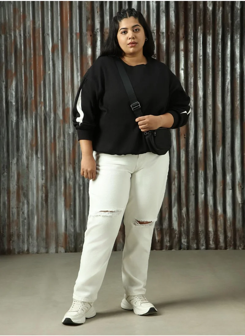 هاي ستار Women's Off White 100% Cotton Distressed Plus Size Jeans