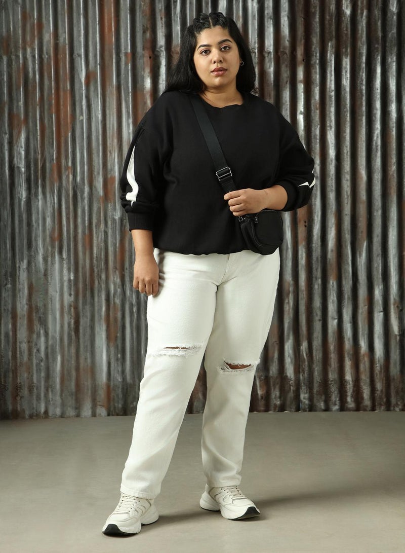 HIGH STAR Women's Off White 100% Cotton Distressed Plus Size Jeans  - Image 1