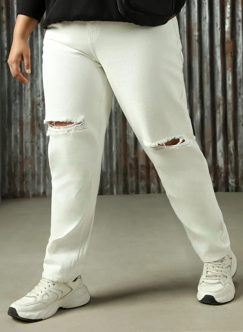 HIGH STAR Women's Off White 100% Cotton Distressed Plus Size Jeans