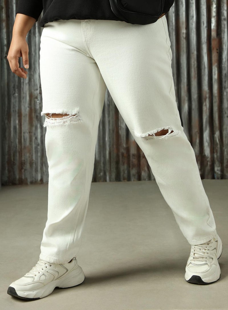 HIGH STAR Women's Off White 100% Cotton Distressed Plus Size Jeans  - Image 5