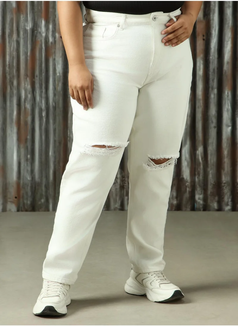 هاي ستار Women's Off White 100% Cotton Distressed Plus Size Jeans
