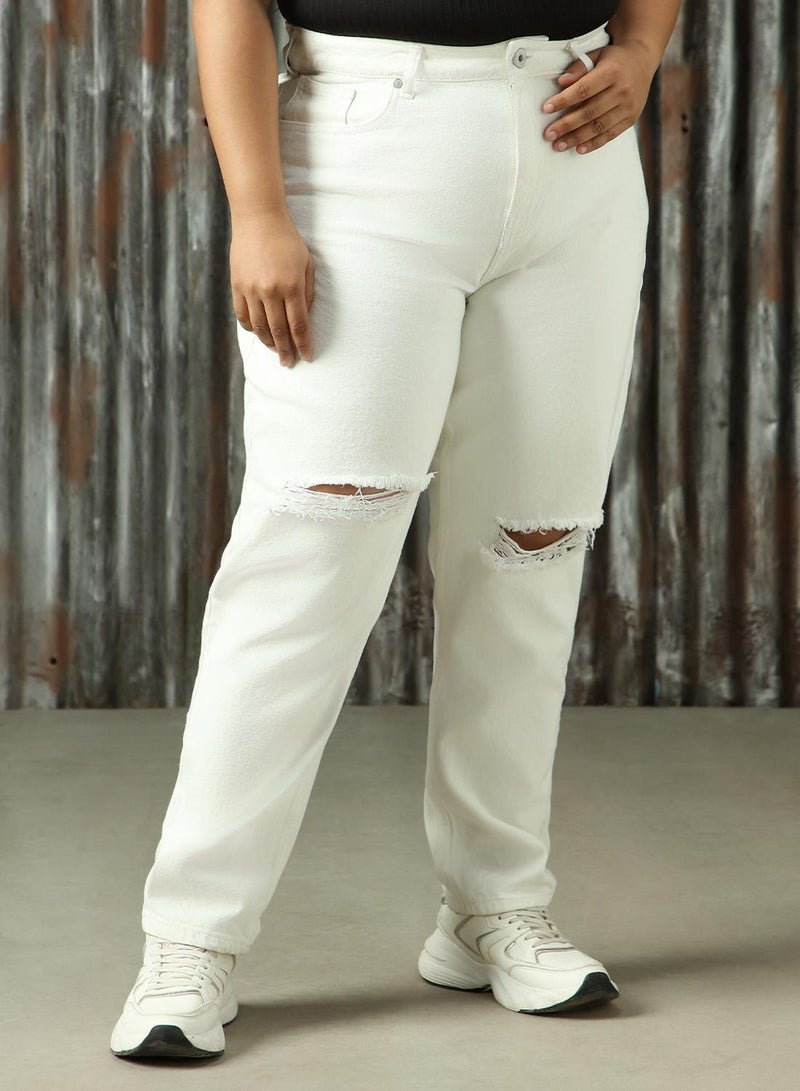 HIGH STAR Women's Off White 100% Cotton Distressed Plus Size Jeans  - Image 2