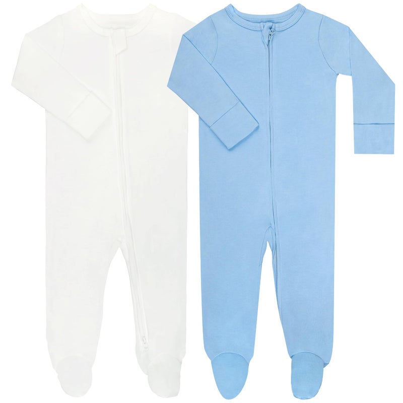GUISBY Footed Long Sleeve Baby Pajamas with Zipper Cotton Infant Sleepers Light Blue+White 9-12 Months - Image 1