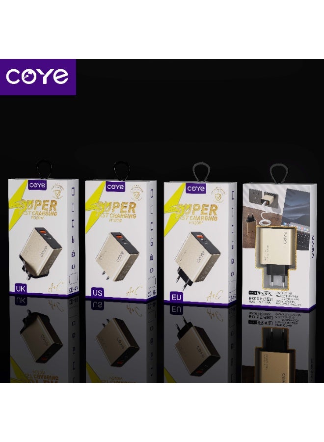 شاحن حائط سريع COYE CD-46 بقوة 20 واط PD بمنفذي USB-A و USB-C، قابس بريطاني، ذهبي - Image 2