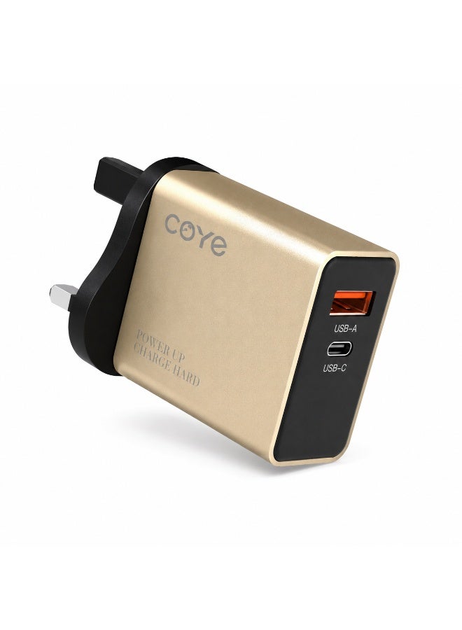 شاحن حائط سريع COYE CD-46 بقوة 20 واط PD بمنفذي USB-A و USB-C، قابس بريطاني، ذهبي - Image 3