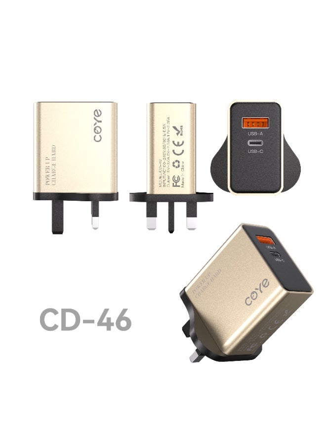 شاحن حائط سريع COYE CD-46 بقوة 20 واط PD بمنفذي USB-A و USB-C، قابس بريطاني، ذهبي - Image 1