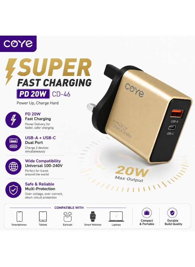 شاحن حائط سريع COYE CD-46 بقوة 20 واط PD بمنفذي USB-A و USB-C، قابس بريطاني، ذهبي - Image 5