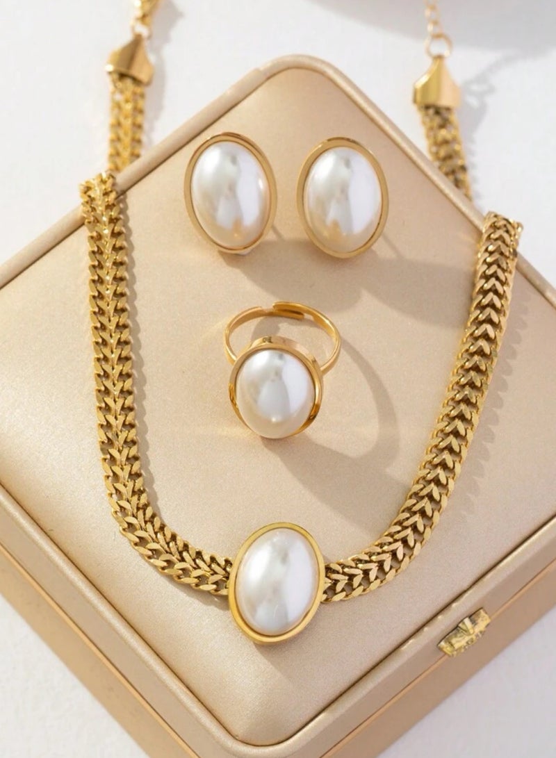 إليجانس طقم اكسسوارات نسائي فاخر من الاستانلس ستيل باللون الذهبي مكون من سلسال واسوارة وخاتم عالي الجودة - Image 2