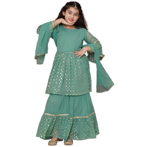 AJ DEZINES Kids Ethnic Wear Georgette Motif Printed Green Kurta Sharara Set for Girls (G-1157-GREEN-28) - Image 1