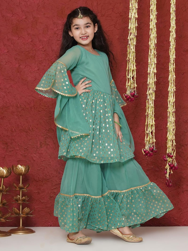 AJ DEZINES Kids Ethnic Wear Georgette Motif Printed Green Kurta Sharara Set for Girls (G-1157-GREEN-28) - Image 5