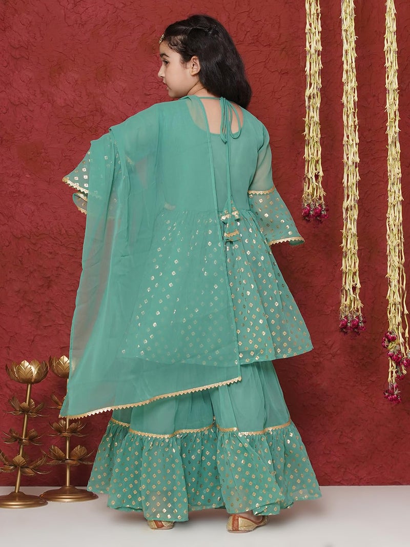 AJ DEZINES Kids Ethnic Wear Georgette Motif Printed Green Kurta Sharara Set for Girls (G-1157-GREEN-28) - Image 2