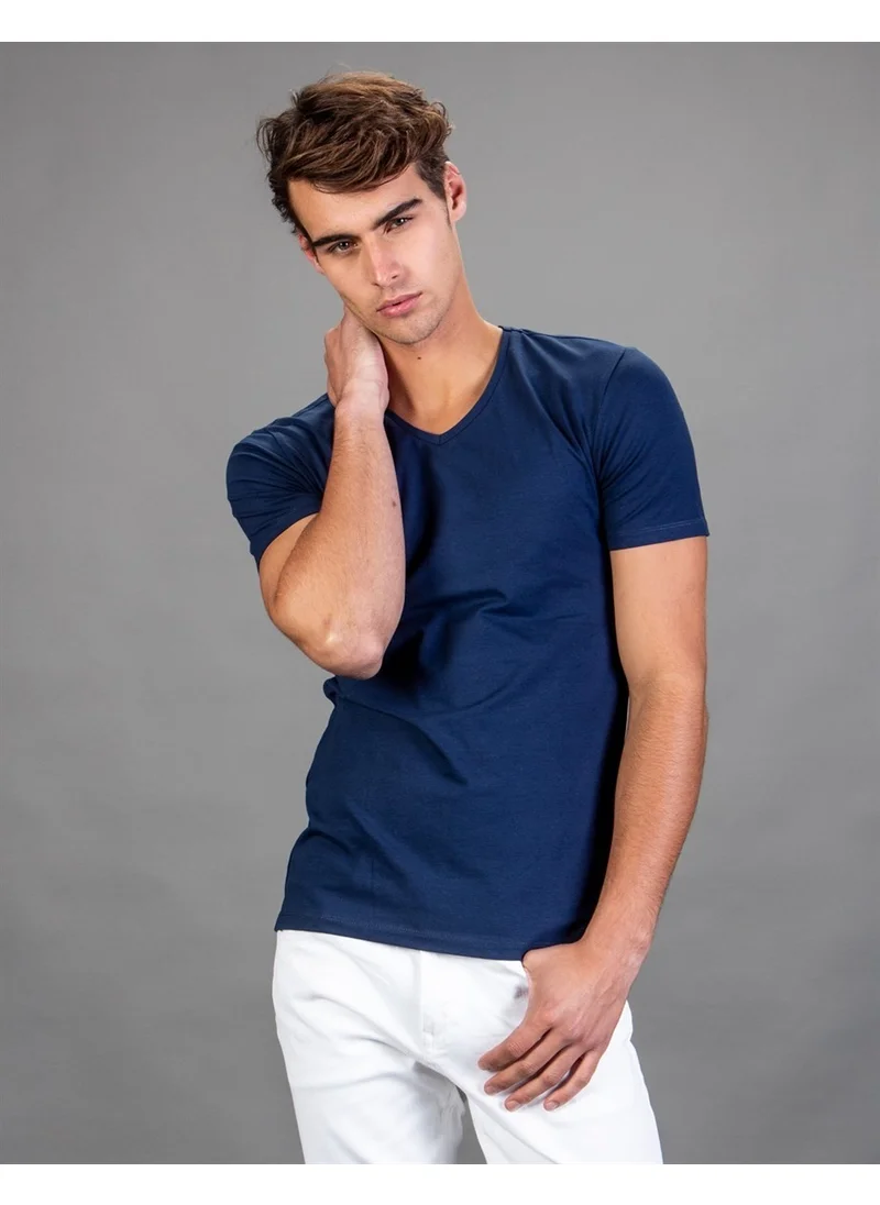 Tudors V-Neck Lycra Plain Navy Blue T-Shirt