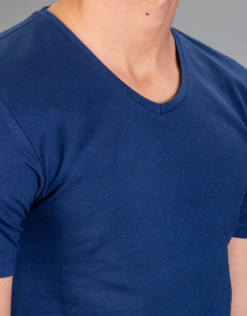 تودورس V-Neck Lycra Plain Navy Blue T-Shirt