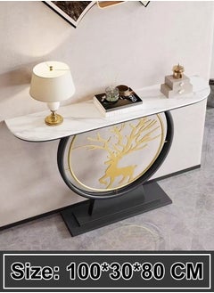 Raffine Modern Circular Shape Design with Gold Metal Deer Decor Rustproof Rock Slab Tabletop Contemporary Console Table Metal Base Entryway Table Display Table Against the Wall Porch Table Pedestal for Foyer Living Room Home Offices 100x30x80 cm  - Image 5