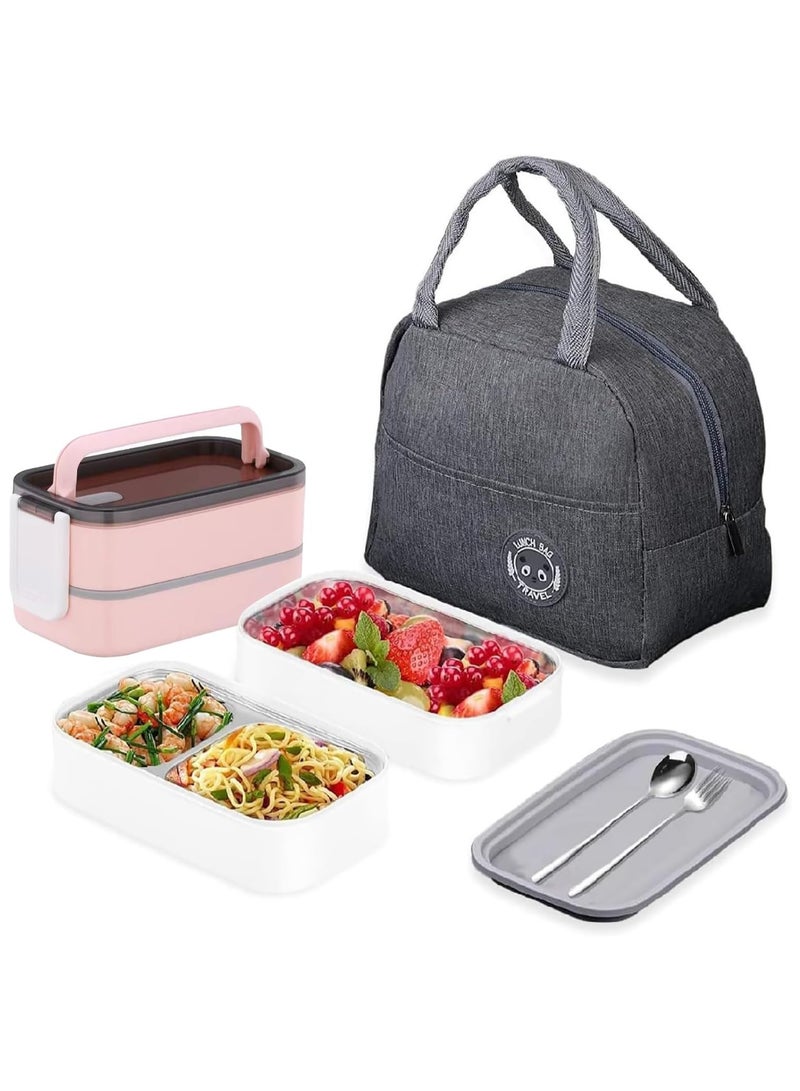 TOMSHOO Bento Box, Stainless Steel Double Layer Lunch Box, Leakproof Lunchbox, Food Storage Box, Stainless Steel Lunch Box, Leakproof Bento Box, with Dividers for Adults Kids Men Women Teens (Pink) - Image 1