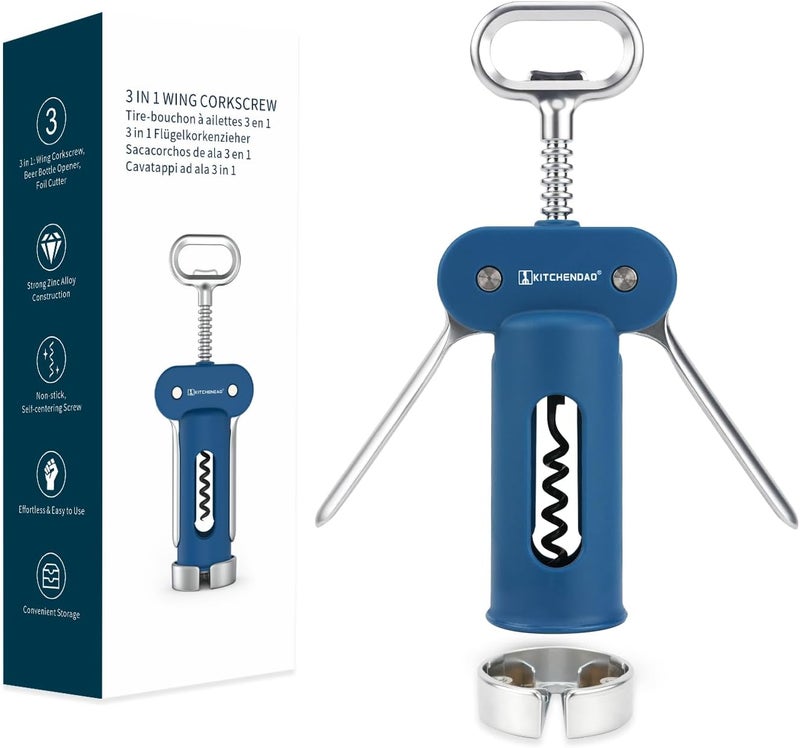 KITCHENDAO 3 in 1 Wing Corkscrew Wine Bottle Opener with Foil Cutter, Built-in Beer Bottle Opener, Multifunctional Wine Opener with Non-Stick Sharp Screw,Easy to Use, Sturdy Durable Manual Corkscrew - Image 1