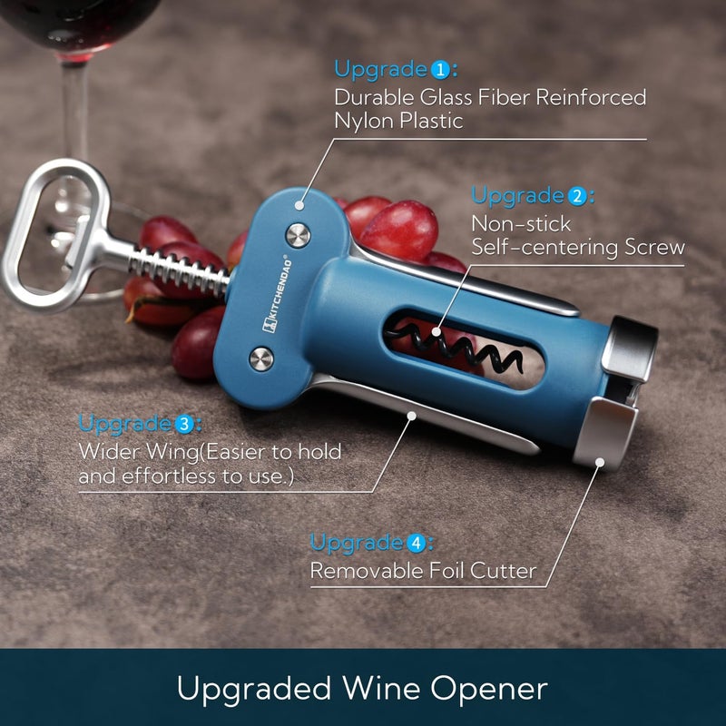 KITCHENDAO 3 in 1 Wing Corkscrew Wine Bottle Opener with Foil Cutter, Built-in Beer Bottle Opener, Multifunctional Wine Opener with Non-Stick Sharp Screw,Easy to Use, Sturdy Durable Manual Corkscrew - Image 2