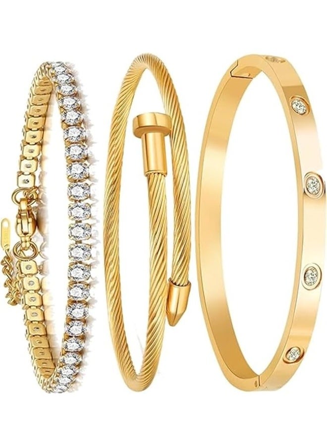 مجموعة من 3 أساور ذهبية للنساء، أساور تنس مطلية بالذهب عيار 18 قيراطًا، مجموعة أساور عصرية من الفولاذ المقاوم للصدأ، إكسسوارات مجوهرات مصممة، أساور للنساء - Image 1