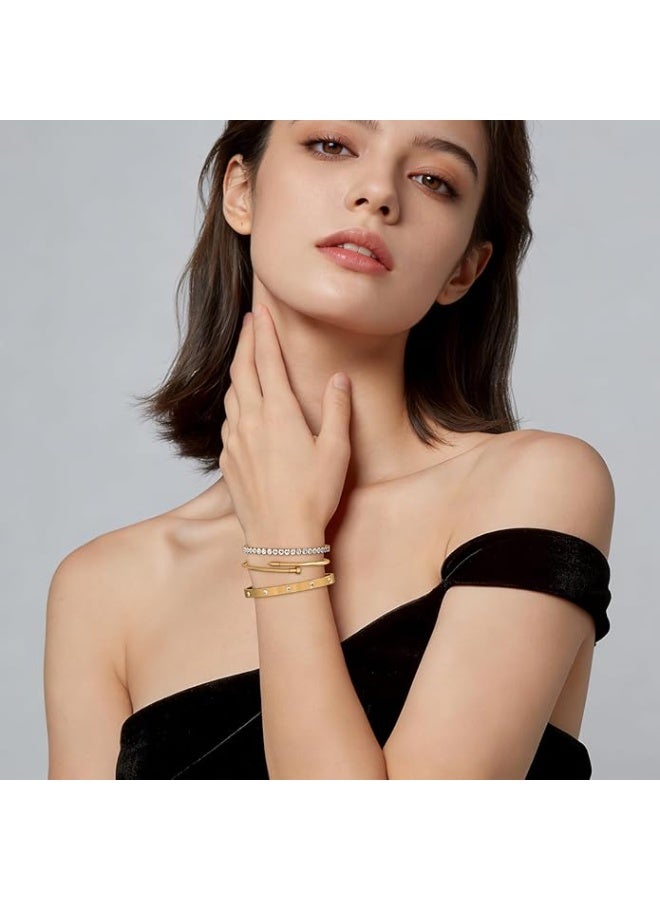 مجموعة من 3 أساور ذهبية للنساء، أساور تنس مطلية بالذهب عيار 18 قيراطًا، مجموعة أساور عصرية من الفولاذ المقاوم للصدأ، إكسسوارات مجوهرات مصممة، أساور للنساء - Image 3