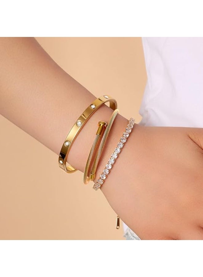 مجموعة من 3 أساور ذهبية للنساء، أساور تنس مطلية بالذهب عيار 18 قيراطًا، مجموعة أساور عصرية من الفولاذ المقاوم للصدأ، إكسسوارات مجوهرات مصممة، أساور للنساء - Image 2