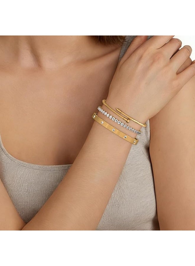 مجموعة من 3 أساور ذهبية للنساء، أساور تنس مطلية بالذهب عيار 18 قيراطًا، مجموعة أساور عصرية من الفولاذ المقاوم للصدأ، إكسسوارات مجوهرات مصممة، أساور للنساء - Image 4