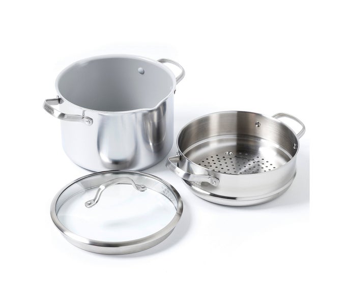 VENICE PRO TRIPLY STAINLESS STEEL HEALTHY CERAMIC NONSTICK 24CM76 L MULTIPURPOSE BOILER STOCKPOT WITH STEAMERSTRAINER INSERT GLASS LID PFAS FREEINDUCTION OVEN SAFESILVER
