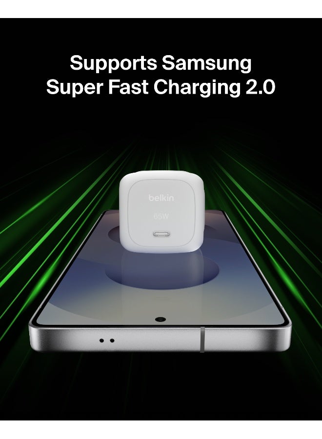 بيلكين شاحن حائط USB-C بقوة 65 واط من Belkin، مجموعة الشحن السريع، من نوع Type C - يتوافق مع Apple iPhone 16/15/14/13، وGalaxy S25، وGoogle Pixel 9، وMacBook، وiPad، وAirPods، Chromebook، والمزيد - أبيض - Image 4